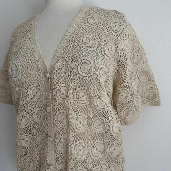Vintage 1970s Hand Crocheted Open Knit Button Front Short Sleeve Cardigan Top M? - Picture 8 of 12